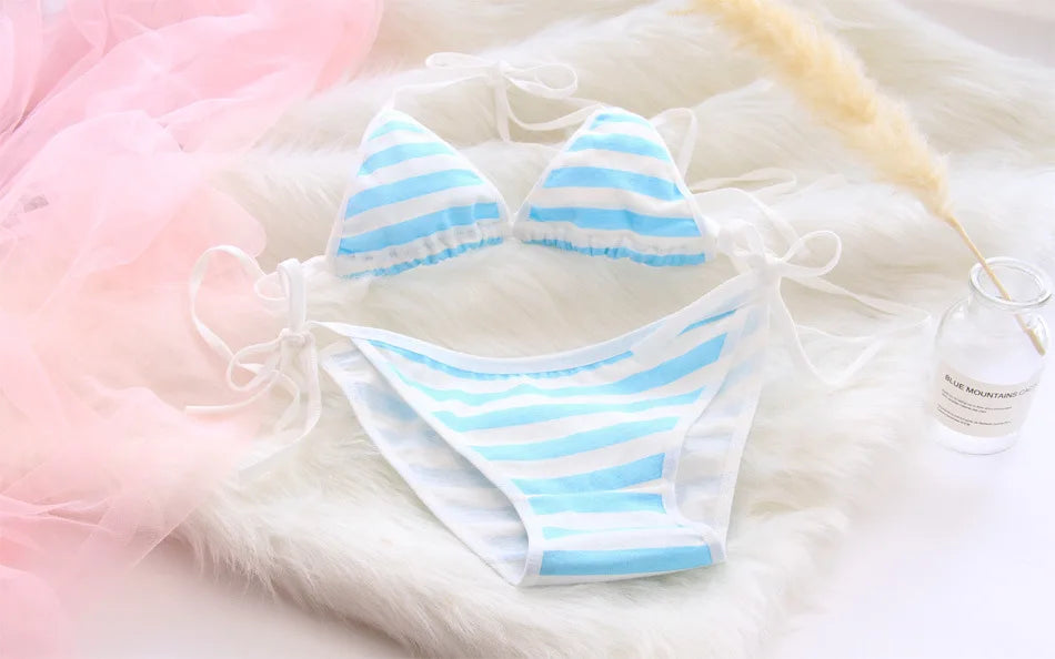 Lace-up Strap Blue and White Striped Set, Blue and White Fat Inner Two-piece Set Womens Lingerie Set  Bra Set  Sexy