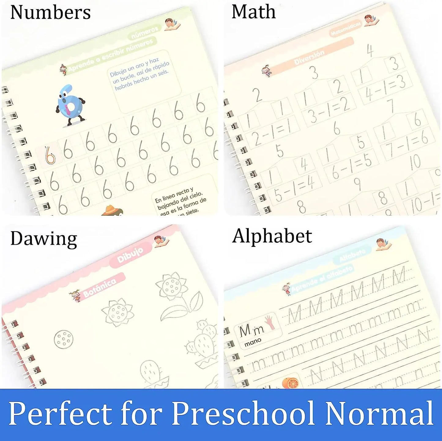 4 Books Spanish Montessori Magic Practice Copybook Set Reusable Handwriting Tracing Workbook Alphabet Number Math Drawing