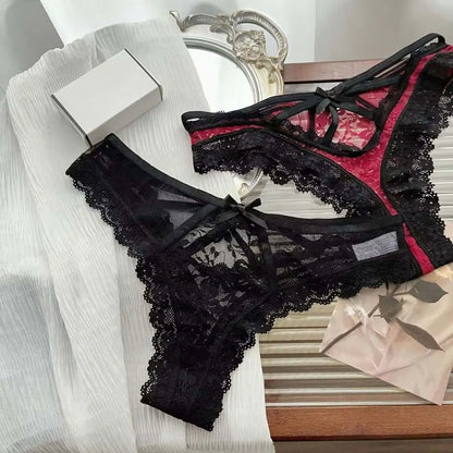 Breathable Patchwork Mesh Floral Bowknot Panties Ruffle Thong Lace Flower Transparent Briefs Low Waist Hollow Out Lady