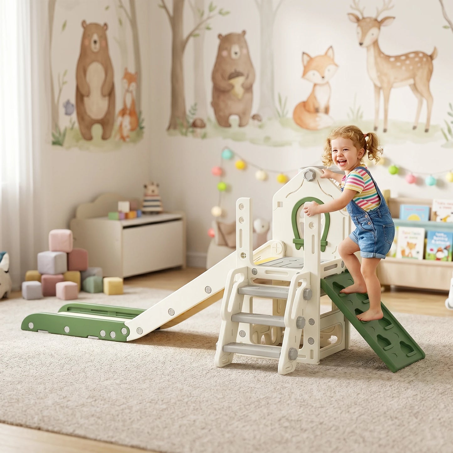 Foldable 4-in-1 Toddler Slide with Climbing Elements, Basketball Stand, Storage Space and Basketball for Kids 1-3 Years Old, Cream White, Kids Toy Slide, Kids Slide, Outdoor Toy Slide