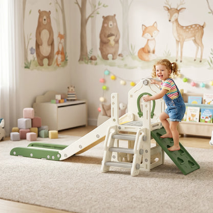 Foldable 4-in-1 Toddler Slide with Climbing Elements, Basketball Stand, Storage Space and Basketball for Kids 1-3 Years Old, Cream White, Kids Toy Slide, Kids Slide, Outdoor Toy Slide