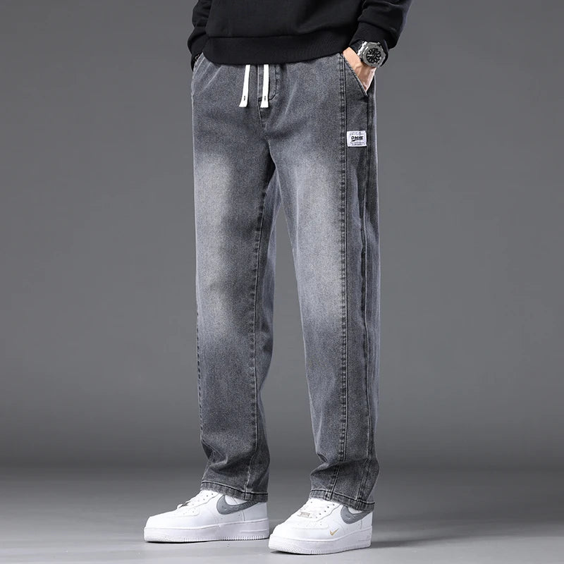 Autumn Winter Blue Jeans Men Drawstring Elastic Waist Cotton Cargo Denim Pants Work Fashion Thick Trousers Male Plus Size M-4XL