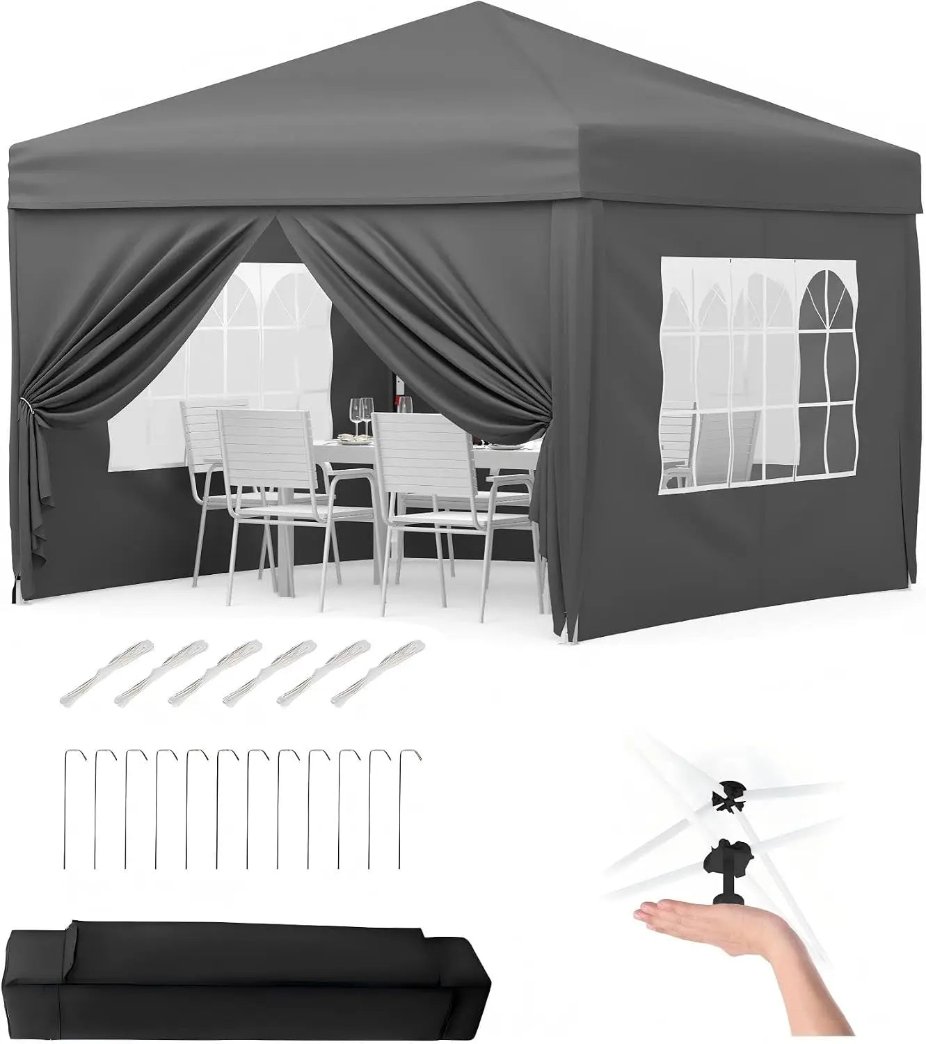 Garvee Heavy Duty 3x3m Folding Gazebo with 4 Sidewalls – Waterproof Outdoor Canopy Tent, UPF 50+ UV Protection – Adjustable Height, Easy Setup, Wheeled Carry Bag, Stakes, Ropes, Sandbags – Garden