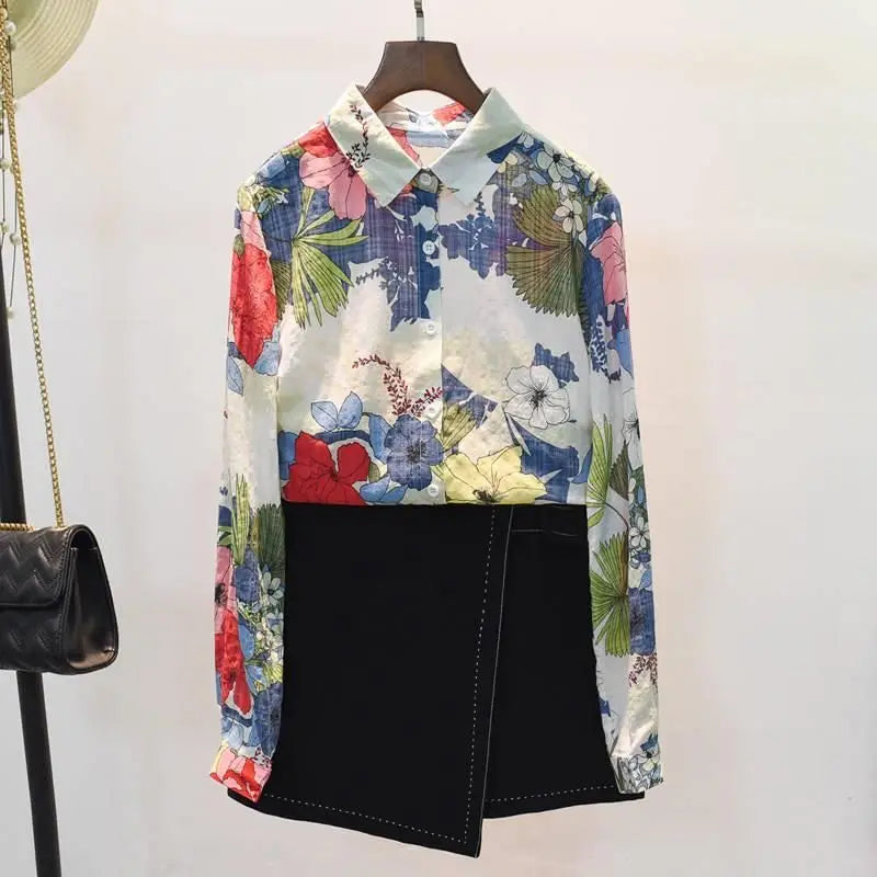 Blue Floral Print Vintage Polo-Neck Single Breasted Long Sleeve Women's Blouse Shirt Casual Female Clothing Tops Fashion 2024