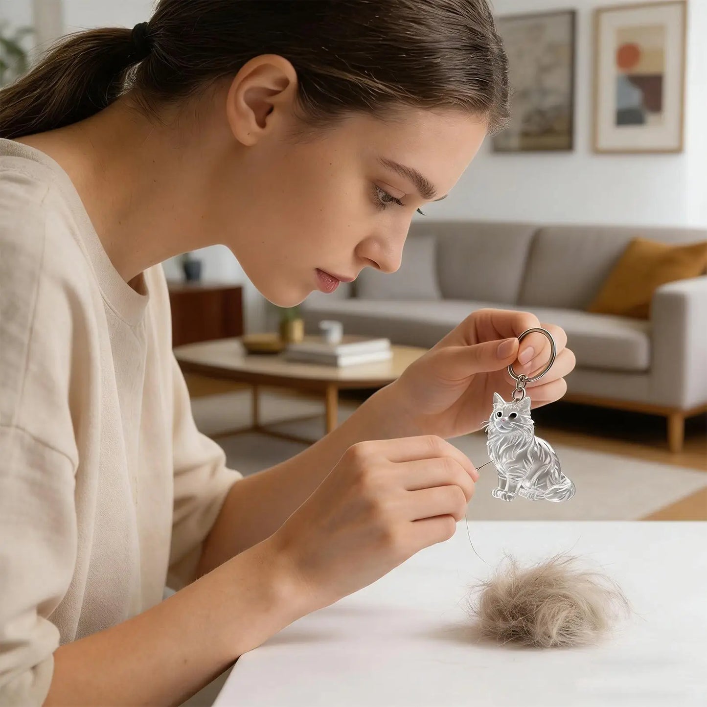 Cute Animal Fur Capsule Keychain, Transparent Cat Hair Bag Pendant, Souvenir Collection and Gift Decorative Accessory