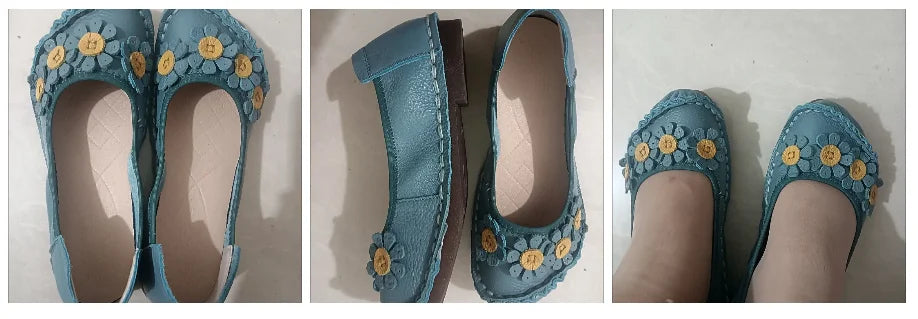 Vintage Flower Moccasins Woman Genuine Leather Ballet Flats Ladies Hollow Slip Ons Women's Luxury Loafer Purple Walking Shoes 42
