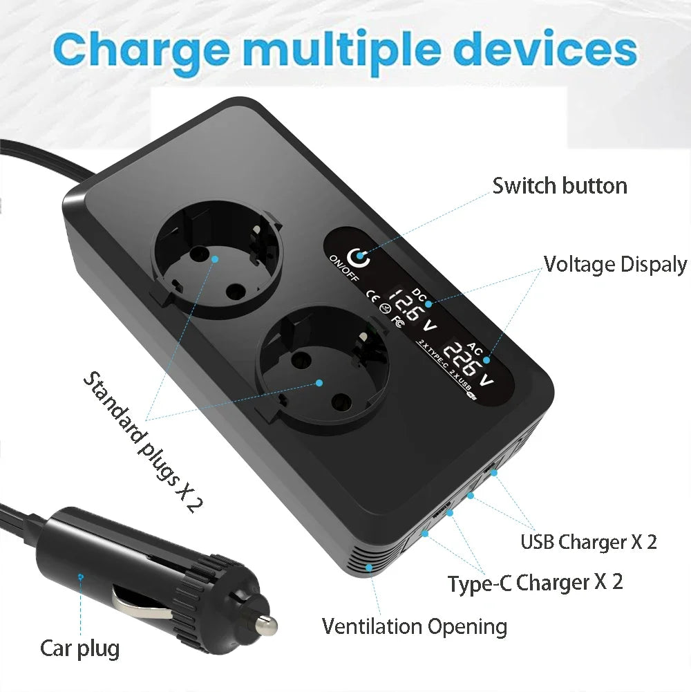 200W Car Power Inverter 12V DC To 220V AC With Dual EU Outlets, Dual USB, Dual Type-C Ports, LCD Display