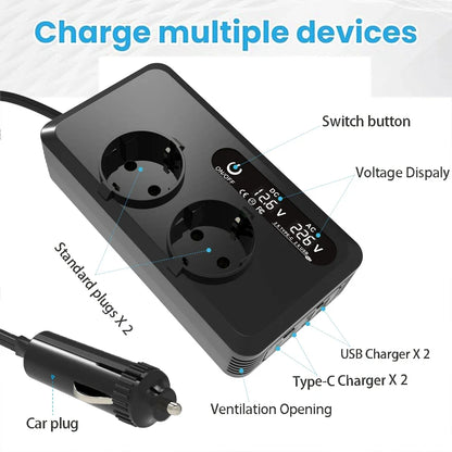 200W Car Power Inverter 12V DC To 220V AC With Dual EU Outlets, Dual USB, Dual Type-C Ports, LCD Display
