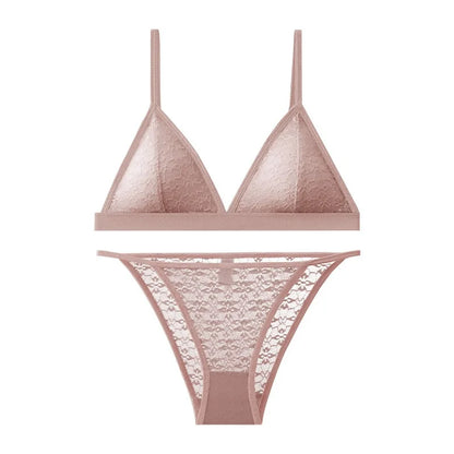 Women Triangle Bra and Panties Set Sheer Floral Lace Bralette Low-Rise Briefs Sexy Lingerie Set Removable Pads Ladies Underwear