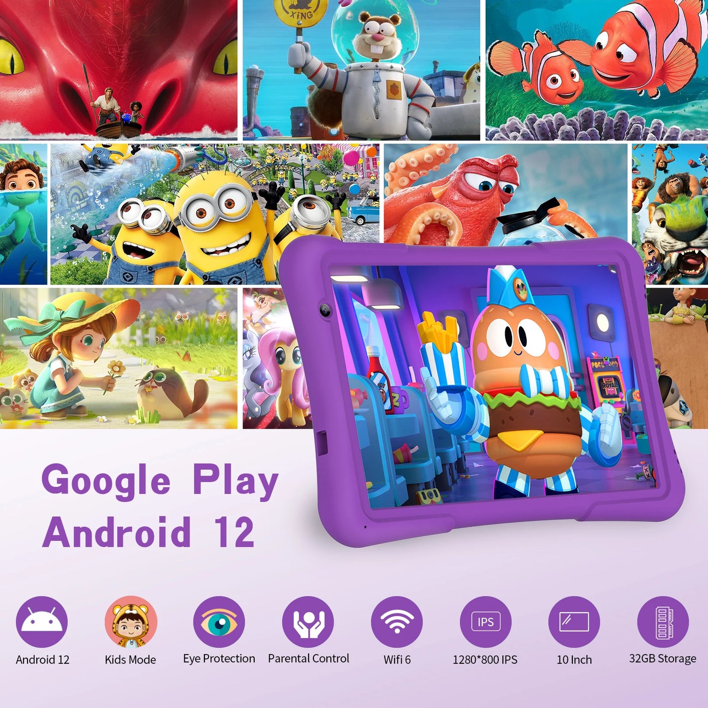 PRITOM 10 inch Kids Android Tablet, 4GB(2+2)+32GB, Quad Core, 6000 mAh, WiFi 6, Dual Camera, Bluetooth, Toddler Tablet