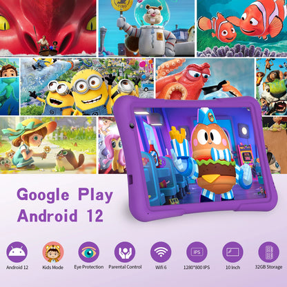 PRITOM 10 inch Kids Android Tablet, 4GB(2+2)+32GB, Quad Core, 6000 mAh, WiFi 6, Dual Camera, Bluetooth, Toddler Tablet