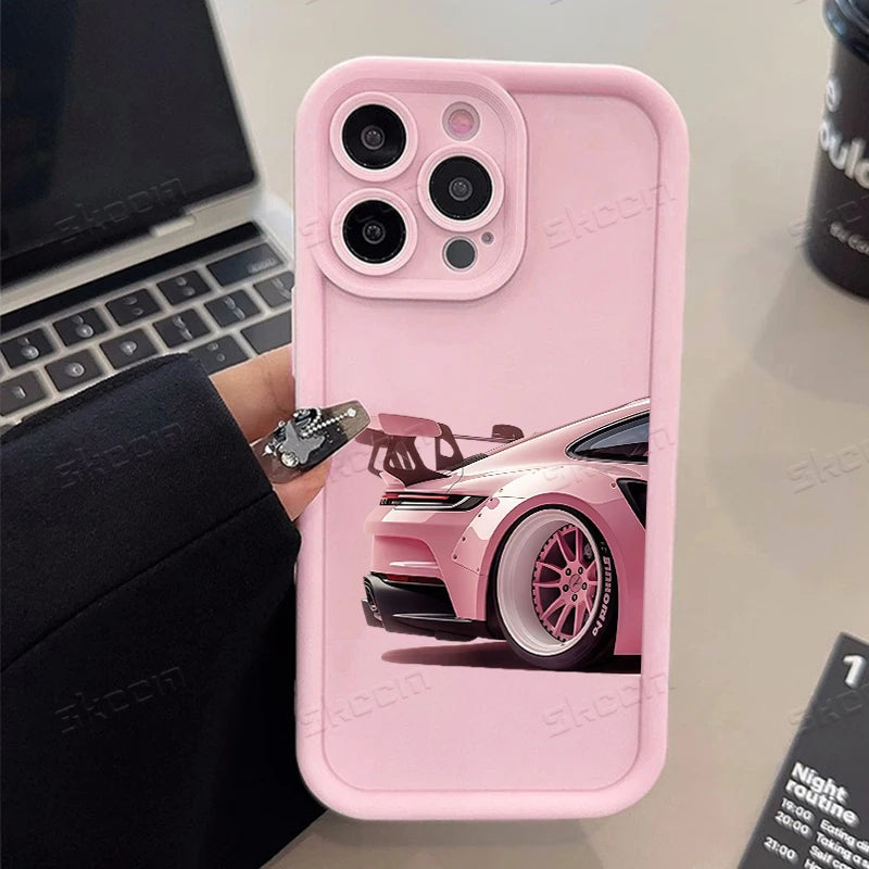Fashion Pink Car Pattern Silicone Phone Case For iPhone 17 16 15 14 13 12 11 Pro Max 17 Air XS XR 7 8 Plus 16e Shockproof Cover