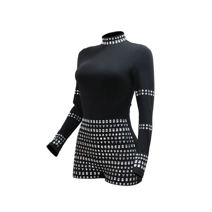 Leosoxs Women Diamonds Hot Rhinestones Long Sleeve Short Jumpsuits 2024 Summer Sexy Party Club One Piece Suit Rompers Playsuits