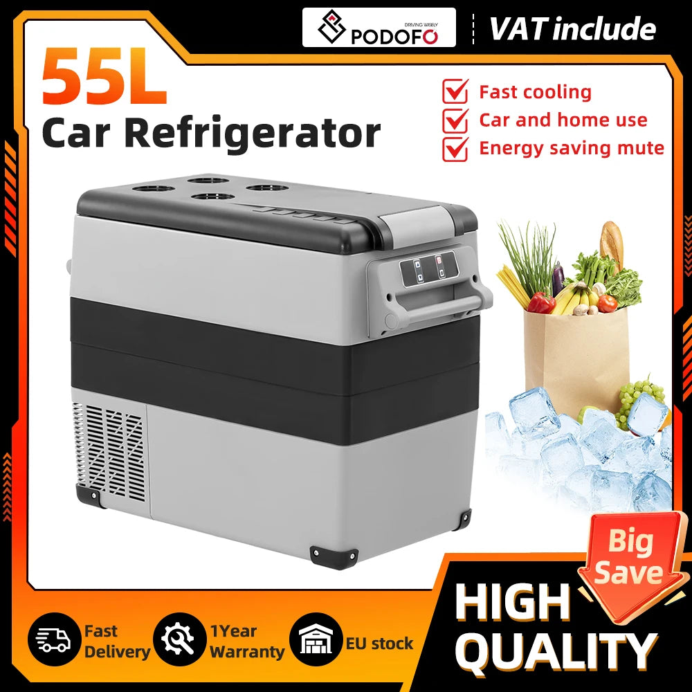 Podofo 35L 45L 55L Portable Car Compressor Refrigerator LED Display Low Noise 12V 24V DC Cooler For Outdoor Camping Travel