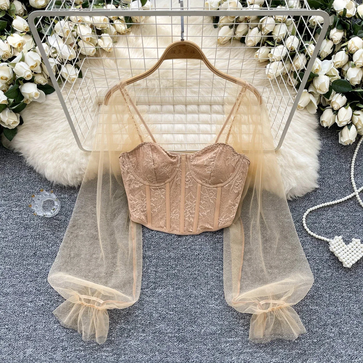 Women Chic Lace Mesh Sheer  Long Sleeve Backless Crop Top Solid Slim Sexy Korean Fashion Summer Women Shirt Square Collar