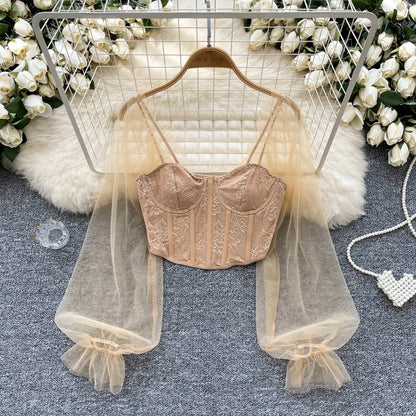 Women Chic Lace Mesh Sheer  Long Sleeve Backless Crop Top Solid Slim Sexy Korean Fashion Summer Women Shirt Square Collar
