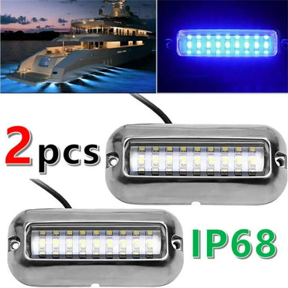 2PCS 27LED Blue/White/Red Stainless Waterproof Lights Underwater Pontoon For Marine Boat Transom&Blue Light Saig Lamp 50W
