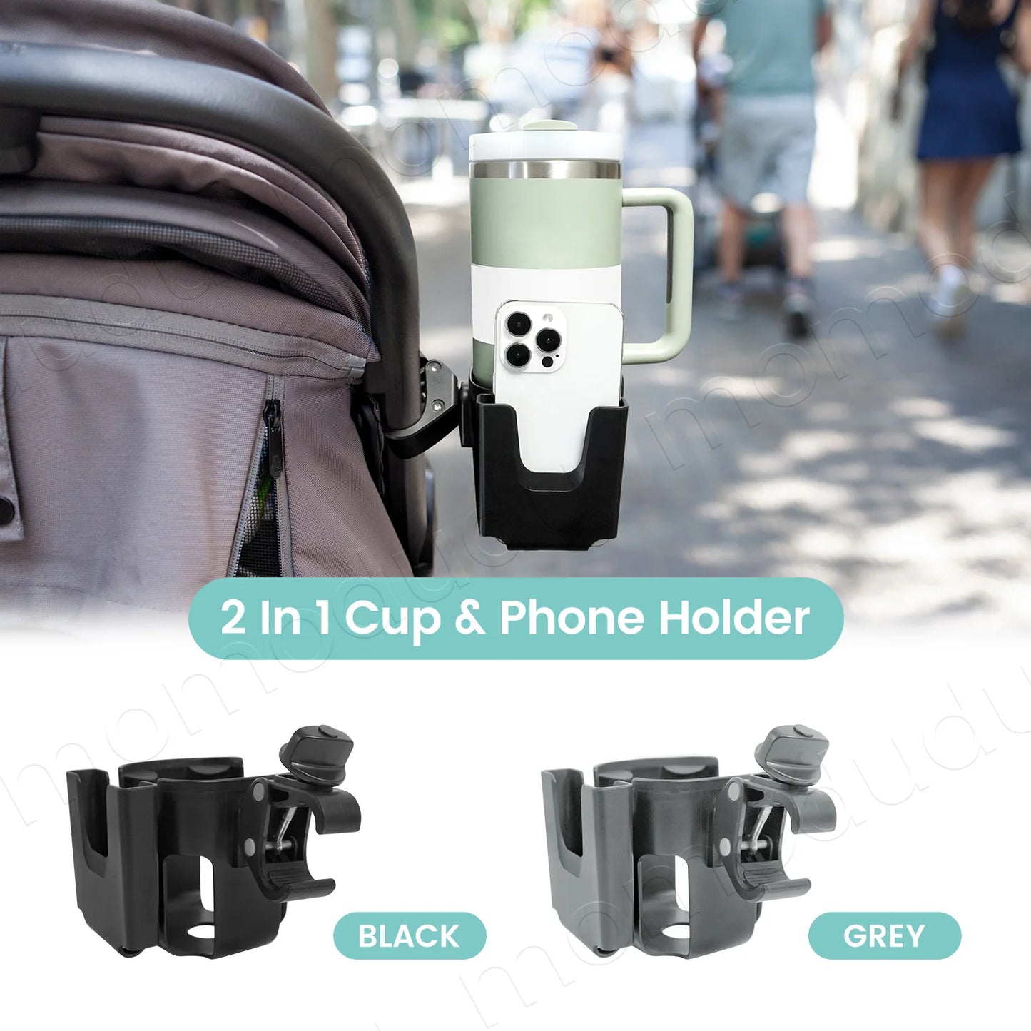 2-in-1 Large-Size Universal Stroller Cup Holder with Phone Holder - 360° Rotatable Adjustable Clamp, Detachable Stand