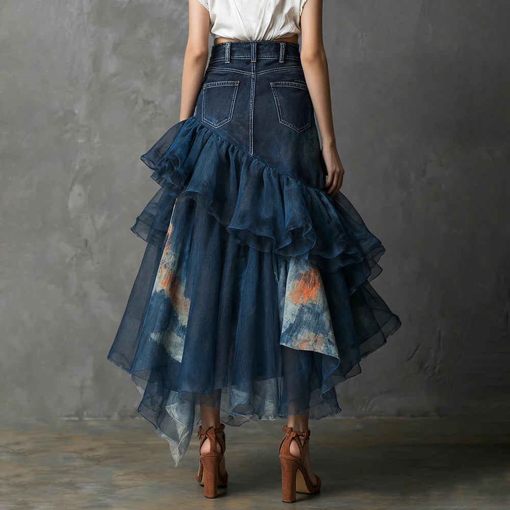 Women's Denim Patchwork Ruffle Maxi Skirt High Waisted Asymmetrical Sheer Tulle Layered Skirt For Female Fashion Outfits  Skirts