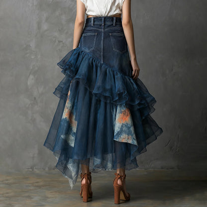 Women's Denim Patchwork Ruffle Maxi Skirt High Waisted Asymmetrical Sheer Tulle Layered Skirt For Female Fashion Outfits  Skirts