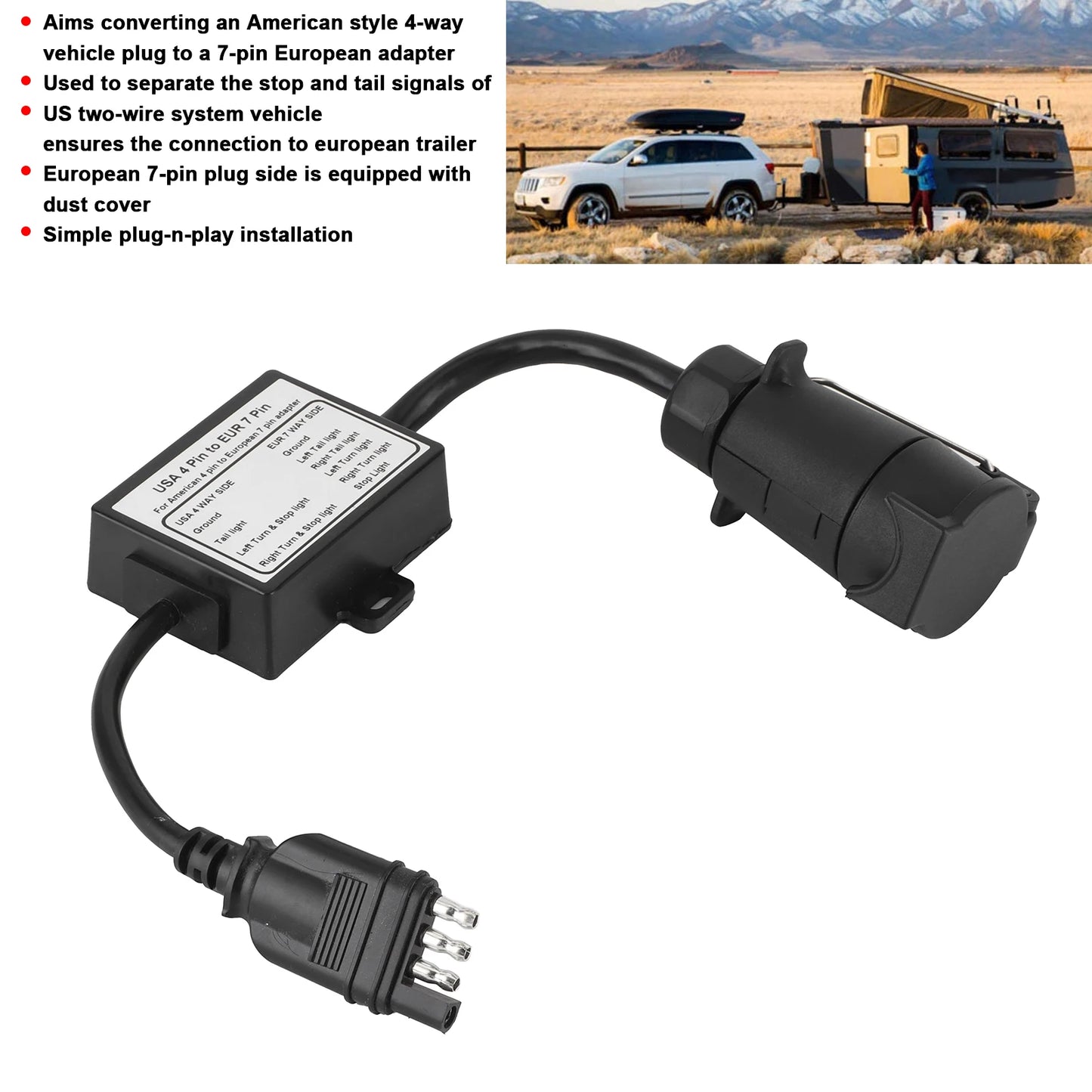 Trailer Connector Light Converter USA 4 Pin to EUR 7 Pin Adapter Stop/Brake Signal Separating 4 Pin to 7 Pin Trailer Adapter