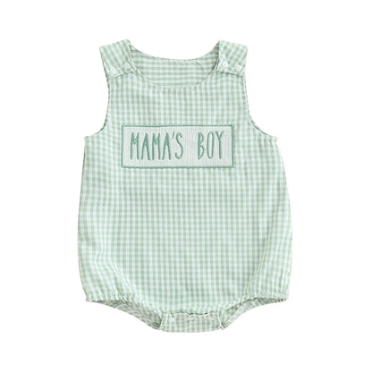 Baby Boy Summer Romper Overalls Letter Embroidery Plaid Print Sleeveless Round Neck Jumpsuit Newborn Baby Boy Clothes