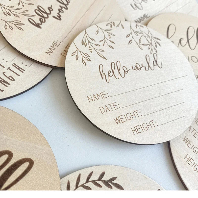 Wooden Baby Growth Souvenir Card Milestone Engraved Hello World Round Wooden Milestone Newborn Photography Props