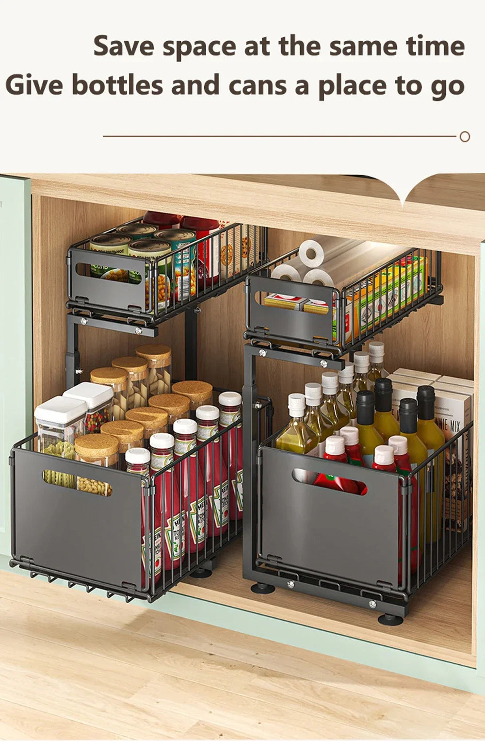 2 Tier Pull Out Cabinet Organizer Adjustable Under Sink Storage Rack Slide Out Drawer Kitchen Spice Jar Storage Shelf