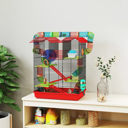 Pawut Cage for Hamster Mouse small animal rodent with Tunnel feeder wheel toy 47x30x59 cm red