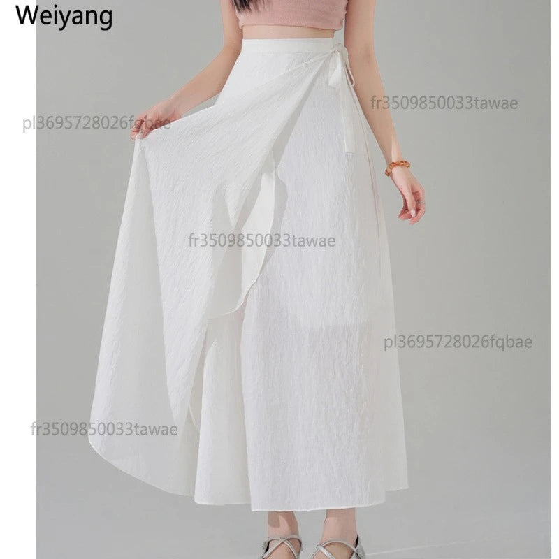 Chic Korea Clothes Summer Women Cute Sweet GIrls Solid Robe Holiday Date High Waist Retro Vintage Wrap One-Piece Lace-Up Skirts