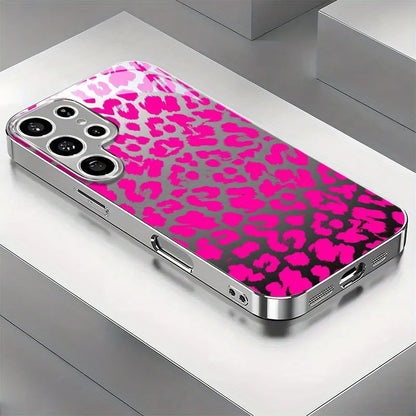 Gold-plated Tempered Glass Phone Case, Compatible Galaxy S26 S25 S24 S23 S22 Ultra Plus. Features a Pink Leopard Print Design.