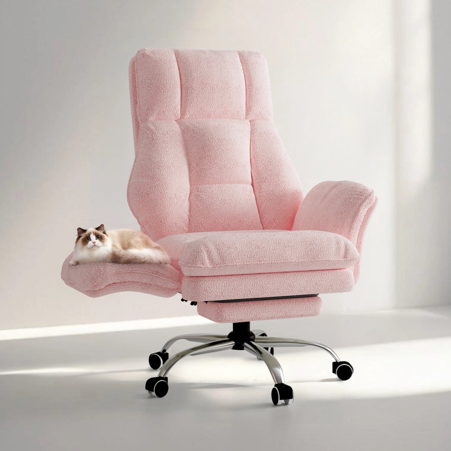 Pet Friendly Ergonomic Office Chair with Armrests, Cat Side Seat 360° Swivel Reclining Desk Chair for Cat Owners Furry Companion Work Chair with Footrest