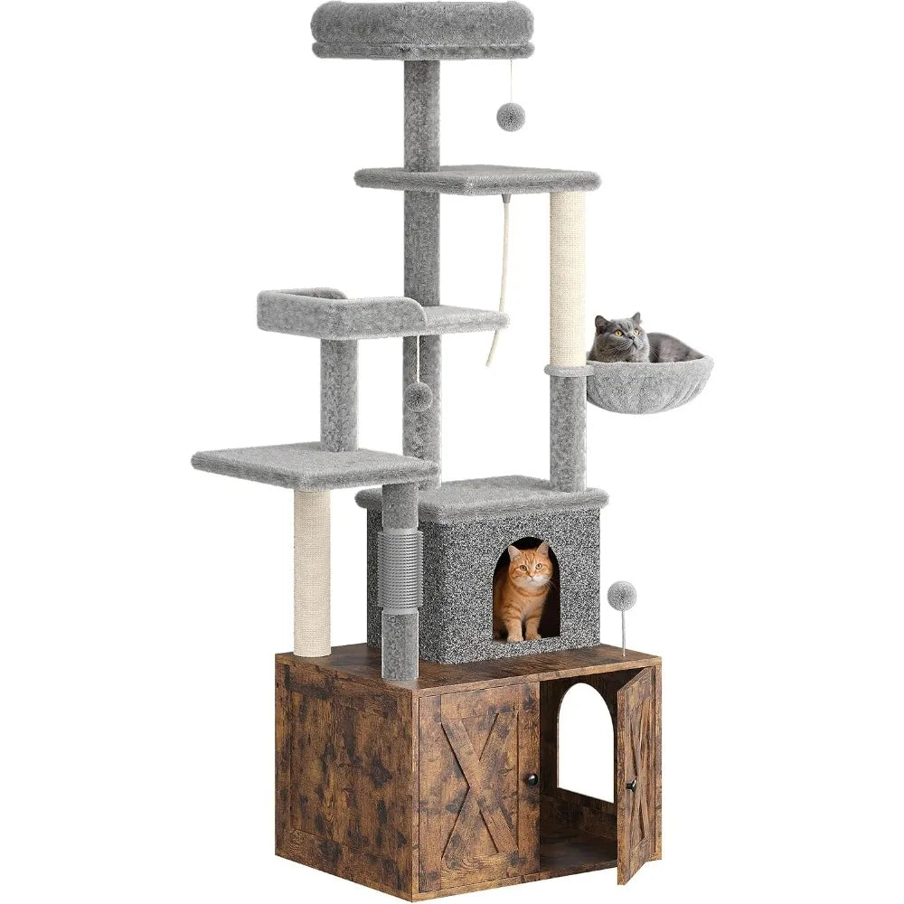 Garvee 2-in-1 Wooden Cat Tree with Hidden Litter Box Enclosure, Multi-Level Cat Tower with Scratching Posts, Cat Condo, Platforms & Hammock, Indoor Cat Washroom Furniture, Brown