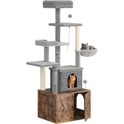 Garvee 2-in-1 Wooden Cat Tree with Hidden Litter Box Enclosure, Multi-Level Cat Tower with Scratching Posts, Cat Condo, Platforms & Hammock, Indoor Cat Washroom Furniture, Brown