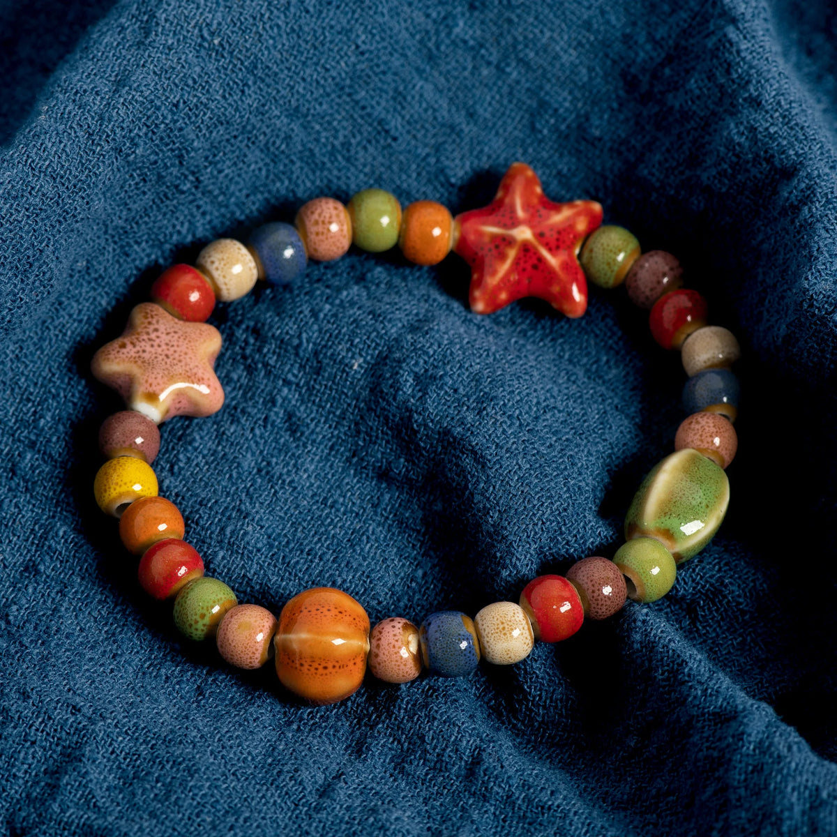 Handmade Colorful Starfish & Seashell Ceramic Beaded Bracelet Boho Beach Jewelry Elastic Wristband for Women & Teens S001186