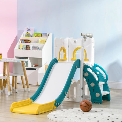 AIYAPLAY 5-in-1 Children's Slide with Basketball Hoop Telescopic & Climbing Rack, 70x177x92 cm Yellow 1-3 Years