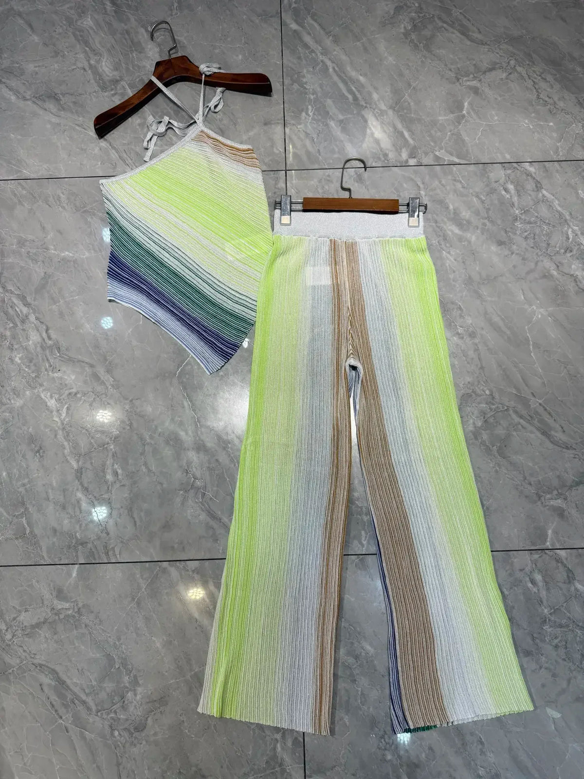 Women Metallic Sequined Striped Knitted Set Slanted Shoulder Sleeveless Camisole + Elastic Waist Straight Pants Casual Suits