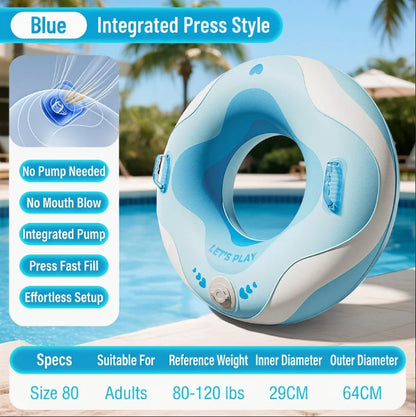 No Mouth Blowing Swimming Tube with Integrated Pump - Press to Inflate in Seconds! 2 Colors (Blue/Green) for Pool, Beach & Lake