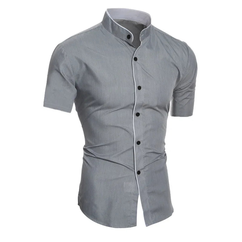 Summer Men's Stand Collar Solid Color Block Short Sleeve Casual Fashion Single Breasted Contrast Shirt