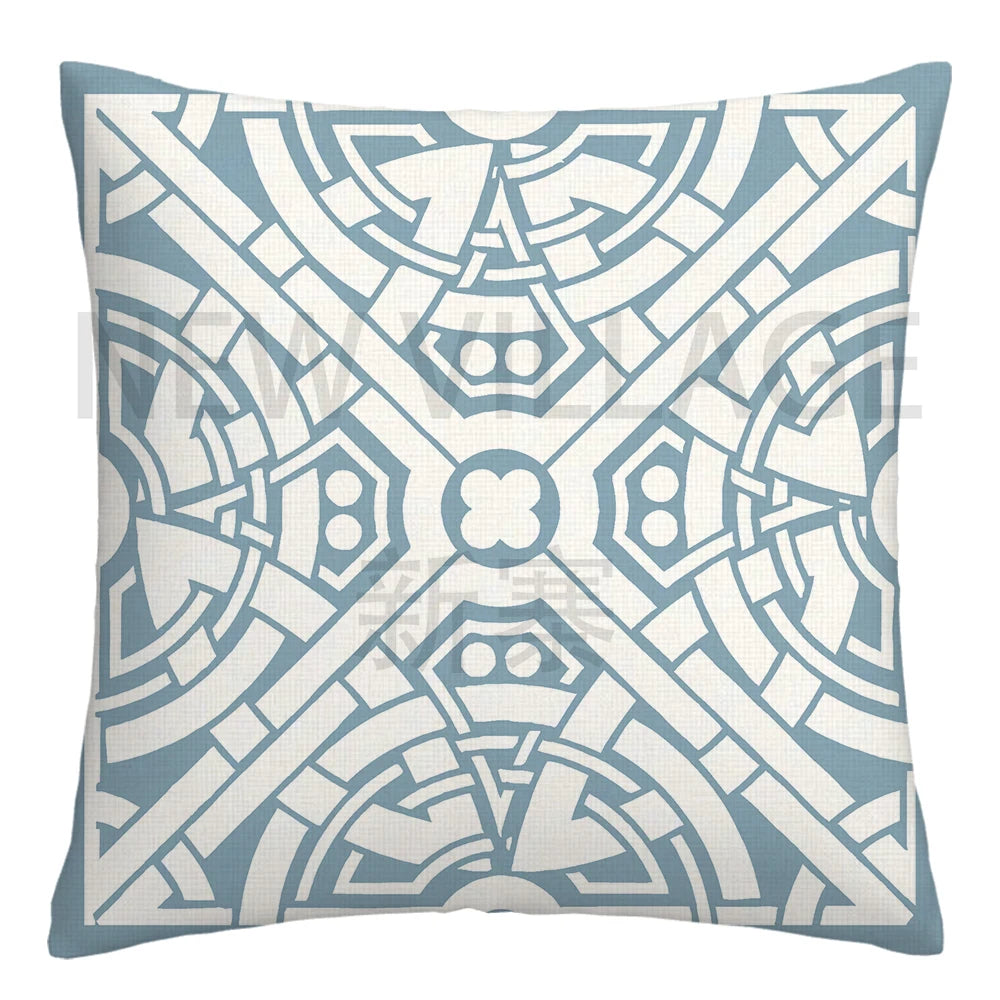 Lake blue white geometric linen pillowcase sofa cushion cover home decoration can be customized for you 40x40 45x45 50x50 60x60