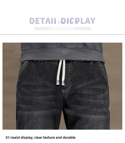 Extra Big Size Jeans Men High Elastic Waist Baggy Denim Pant Male Plus Large Loose Slim Fit Cowboy Trouser 8XL 6XL Classic Black