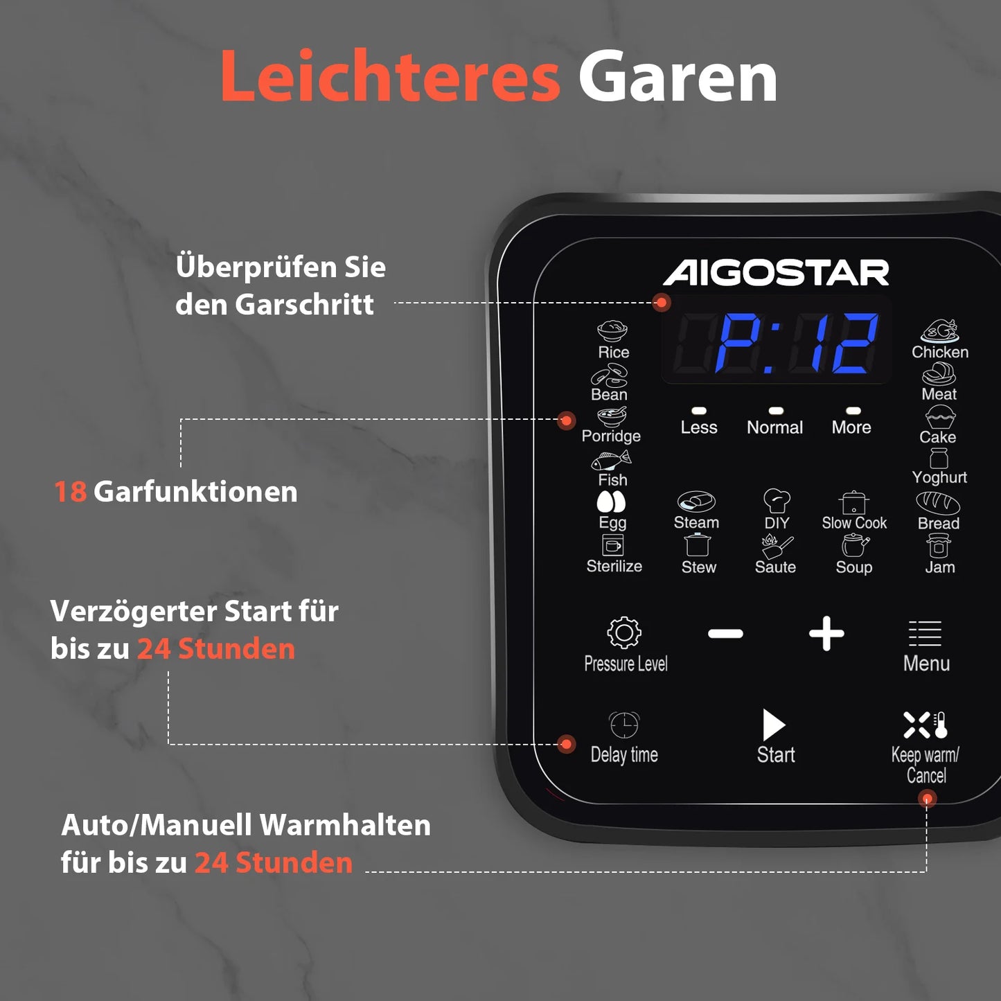Aigostar Pressure Cooker 6L, 18-in-1 Multicooker, Keep Warm, Non-Stick Coating, Easy Cleaning, Digital Touchscreen, 1000W Pressu