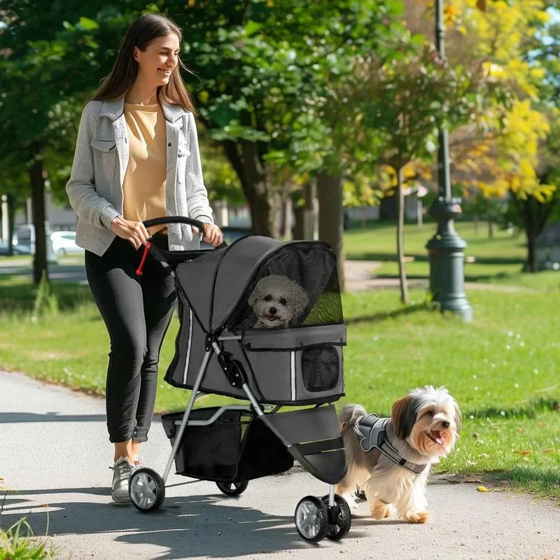 3 Wheel Pet Stroller for Small Dogs and Cats, Foldable Travel Pram with Breathable Mesh and Storage Bag, Sturdy Steel Frame for Walking, Charcoal Grey, 75x45x97 cm, Sturdy, Lightweight, Comfortable, Safe, Space Saving