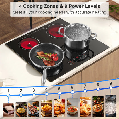 KICHPOWER 60 cm glass 4 plates Touch control, 9 power levels ceramic hob
