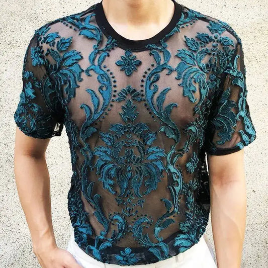 Sexy Round Neck T Shirt Soft Velvet Slim Men Clothing Nightclub Short-sleeved Top Quality Transparent Floral T Shirt See Through
