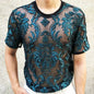 Sexy Round Neck T Shirt Soft Velvet Slim Men Clothing Nightclub Short-sleeved Top Quality Transparent Floral T Shirt See Through