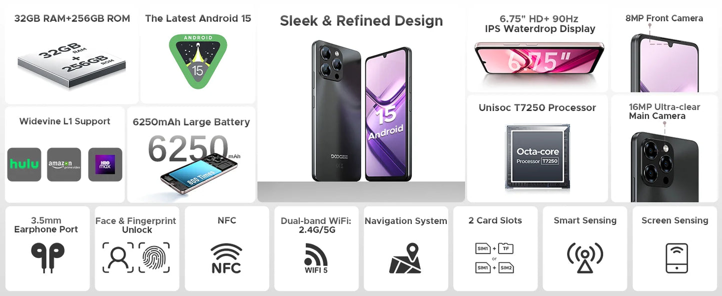 Global Version DOOGEE Note58 Pro Smartphone 6.75" HD+ Display 32GB(8+24) 256GB 6250mAh Battery NFC Android 15 Mobile Phone