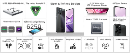 Global Version DOOGEE Note58 Pro Smartphone 6.75" HD+ Display 32GB(8+24) 256GB 6250mAh Battery NFC Android 15 Mobile Phone