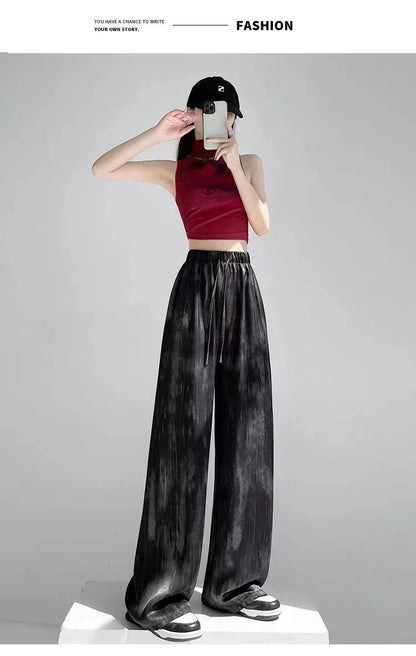 Summer Loose Straight Casual Draped Ice Silk Tie-Dye Wide-Leg Pants Grils Mosquito-proof Casual Trousers Women's Wide-leg Pants