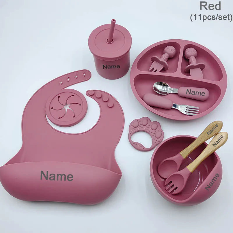 11Pcs Silicone Feeding Sets For Baby Personalized Name Children's Tableware Suction Cup Plates Bowl Spoon Feeding Cups BPA Free